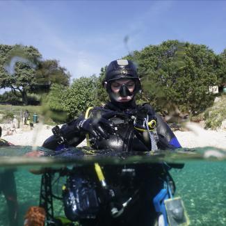 Scientific diver above water before descending