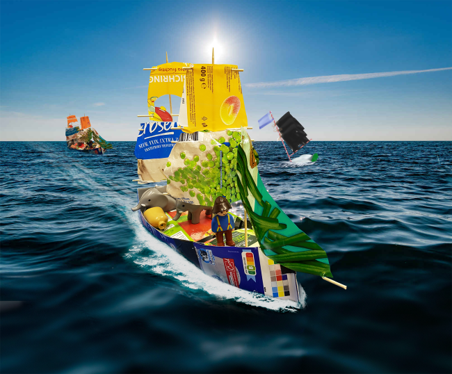 Drei selbstgebastelte Boote, teilweise mit Playmobil-Figuren fahren über ein Meer