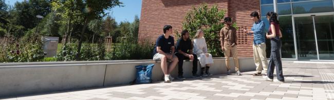 internationale Studierende treffen sich vor dem Eingang des Hörsaalzentrums/Universitätsbibliothek