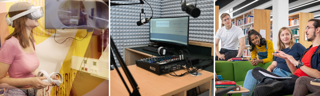 Drei nebeneinander angeordnete Szenen: links eine Person mit VR-Brille und Controllern, mittig ein Tonstudio mit Mikrofon und Mischpult, rechts eine Gruppe von vier Personen in einem Gespräch auf Sofas und Stühlen.