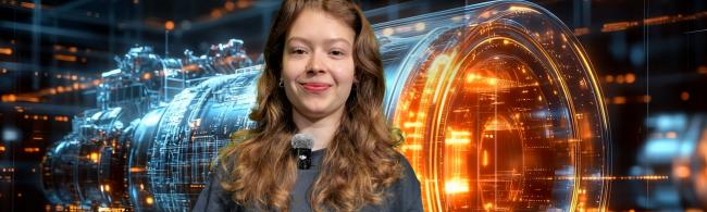Eine junge Frau vor einem computergeniererten Techno-Hintergrund mit blauen und roten Elementen