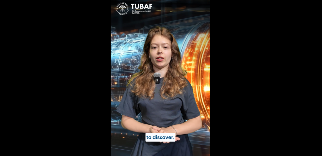 Eine junge Frau vor einem computergeniererten Techno-Hintergrund mit blauen und roten Elementen