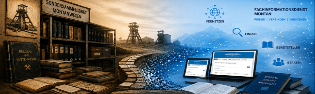 Historische Bergbauausrüstung und Bücher auf einem Holztisch vor einer digitalen Darstellung von Datenpunkten und zwei geöffneten Laptops mit Fachinformationsdienst Montan auf dem Bildschirm