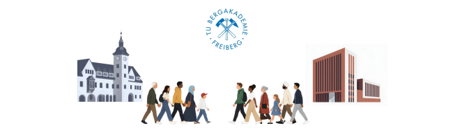 Illustration: Links ein Rathaus, rechts eine rotes Bibliotheksgebäude, zwei Gruppen diverser Menschen bewegen sich von links und rechts kommend aufeinander zu