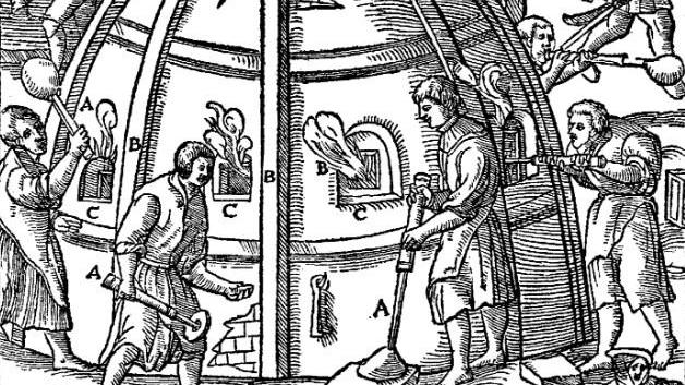 Historische Zeichnung eines Glasschmelzofens