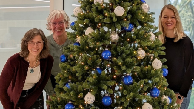 Bild zeigt drei Personen, die an einem Weihnachtsbaum stehen.