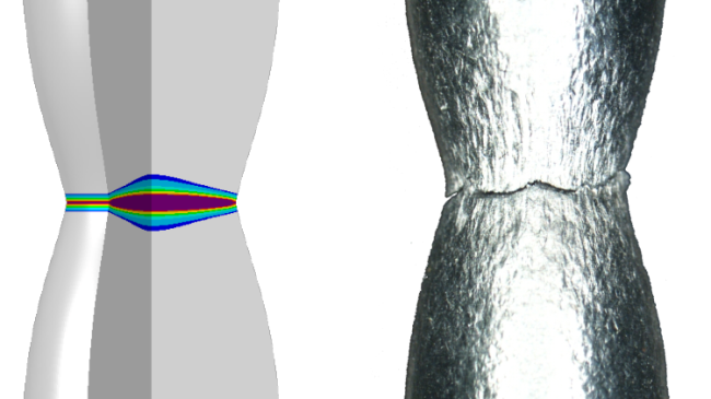 Das Bild zeigt Einschnürung und Bruch einer Zugprobe sowie eine entsprechende schädigungsmechanische Simulation