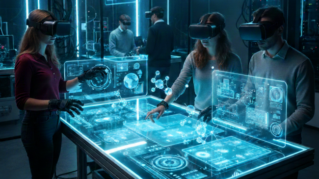 Mehrere Personen mit VR-Brillen und Handschuhen interagieren mit holografischen 3D-Daten und Displays in einem futuristischen Labor