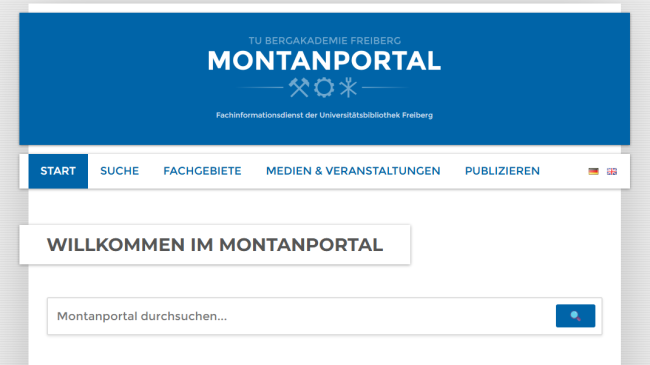 Webseite des Kataloges des Montanportals der TU Bergakademie Freiberg mit Suchfeld und Auswahl von Fachgebieten wie Bergbau, Rohstoffe, Metallurgie, Ökonomie & Recht, Geschichte
