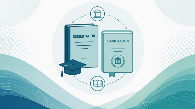 Illustration zweier Bücher mit den Titeln 'DISSERTATION' und 'HABILITATION' sowie einem Doktorhut und Symbolen für Bildung