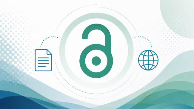 Symbol für Open Access mit stilisiertem geöffnetem Vorhängeschloss, umgeben von einem Dokument- und einem Globussymbol vor wellenförmigem Hintergrund