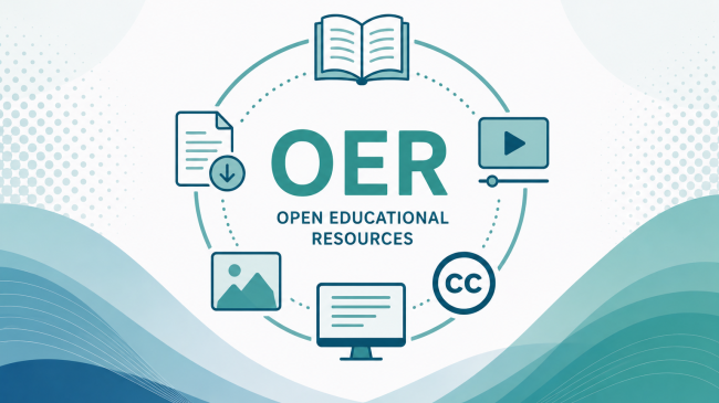 Grafik mit dem Schriftzug 'OER OPEN EDUCATIONAL RESOURCES' umgeben von Symbolen für Buch, Video, Bild, Computer und Creative-Commons-Logo