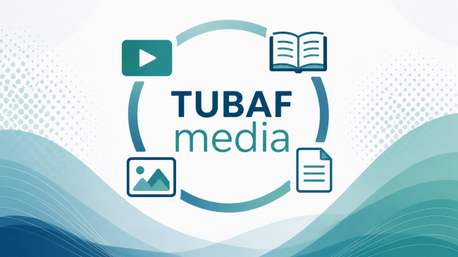 Logo mit dem Schriftzug 'TUBAF media' umgeben von Symbolen für Video, Buch, Bild und Dokument vor wellenförmigem Hintergrund