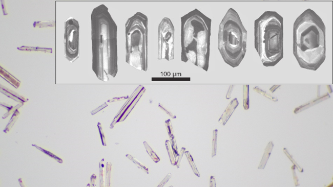 Zirkon und CL-Bild unter dem Mikroskop.