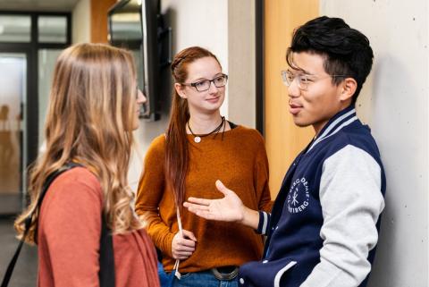 zwei weibliche und ein männlicher Student unterhalten sich