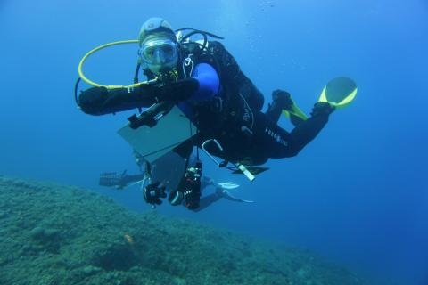 Scientific diver underwater with writing tablet