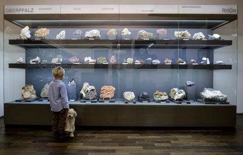 Eine große Vitrine mit Mineralen, vor der ein kleiner Junge mit seinem Kuscheltier steht.