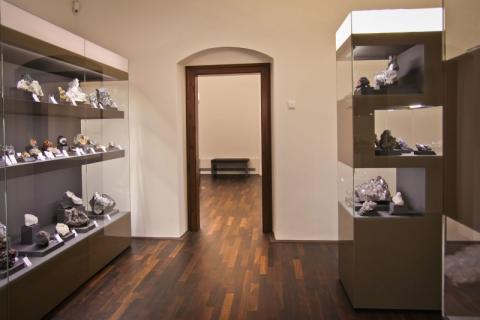 Blick auf eine Tür, links und rechts sind Vitrinen mit Mineralen zu sehen.