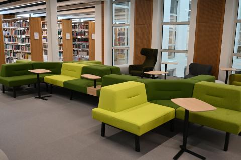 Seating, shelves with books
