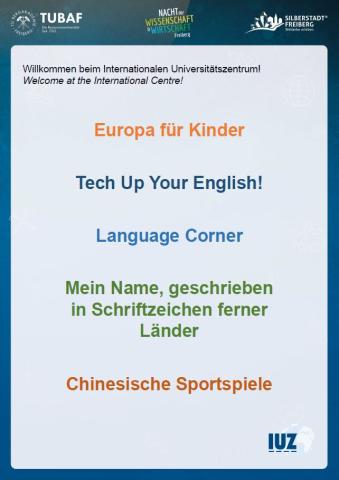 Poster, Text: Europa für Kinder, Tech Up Your English!, Language Corner, Mein Name, geschrieben in Schriftzeichen ferner Länder, Chinesische Sportspiele