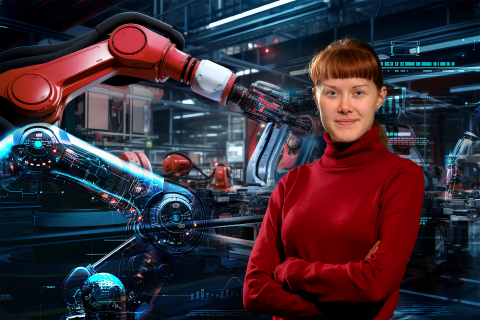 Headerbild mit junger Frau vor Roboterarm