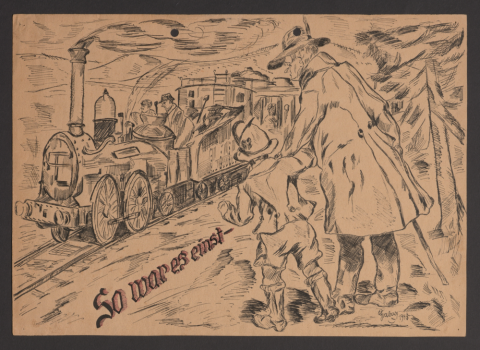 Bleistiftzeichnung zwei Personen mit Lokomotive