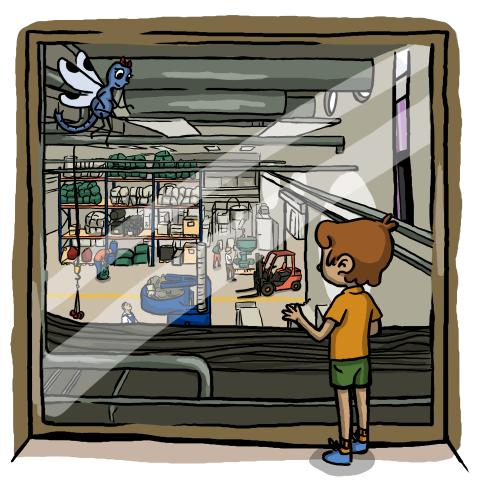 Grafik, auf dem eine Libelle und ein Kind durch das Fenster in die Halle des ZeHS blicken.