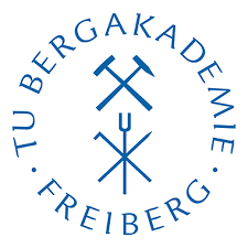Das Bild zeigt das alte Logo der TUBAF. Kreisförmig in blauer Schrift steht TU Bergakademie Freiberg. Im Kreis sind symbolhaft Werkzeuge von Bergleuten dargestellt.