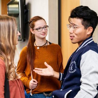 zwei weibliche und ein männlicher Student unterhalten sich