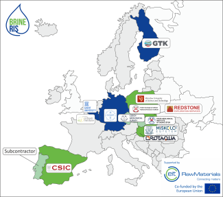 Landkarte mit eingezeichneten Projektpartnern des Forschungsprojektes BrineRIS (beteiligte Länder: Polen, Spanien, Ungarn, Belgien, Finnland, Slowakei und Tschechien)