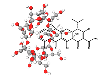 1:1-Einschlusskomplex des β-Cyclodextrins (Kugel-Stab-Modell) mit dem Breitbandantibiotikums Tetracyclin