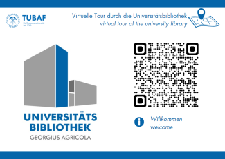 Grafik mit QR-Code und UB-Logo, blau und schwarz auf weißem Hintergrund