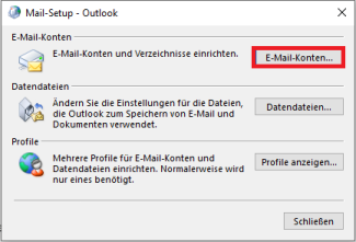 Es öffnet sich das Mail-Setup - Outlook als Fenster, dort E-Mail-Konten auswählen