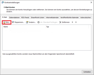 Neues E-Mail-Konto hinzufügen mit "Neu"