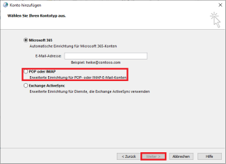 Als Kontotyp "POP oder IMAP" auswählen und "weiter" klicken