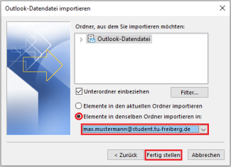 Zum Schluss müssen Sie noch das Postfach aussuchen, wo die Datei importiert werden soll.