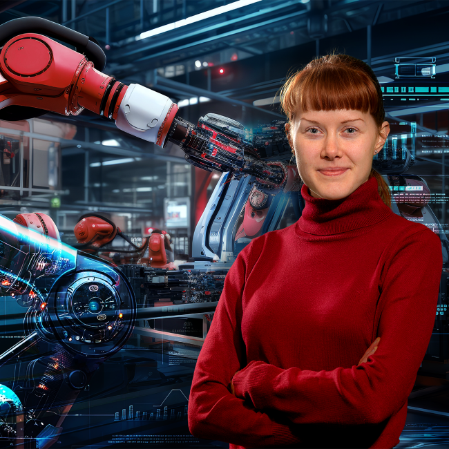 Headerbild mit junger Frau vor Roboterarm