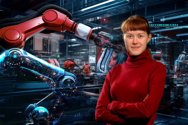 Headerbild mit junger Frau vor Roboterarm