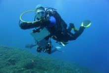 Wissenschaftlicher Taucher Unterwasser mit Schreibtafel