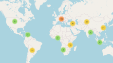 World map with colored spots, showing partner universities