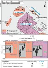 Geologische Karte mit den verschiedenen Granitkörpern von Aue-Schwarzenberg, Kirchberg und Eibenstock. Unten: Vergleich der publizierten Zirkonalter (Literaturdaten) mit neuen Daten der hochpräzisen Zirkondatierung (TUBAF) für die drei Granitkörper von Aue-Schwarzenberg, Kirchberg und Eibenstock. Nach Tichomirowa et al. (2019)