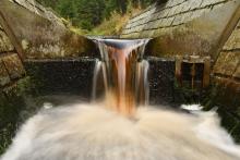 Braune Färbung des Wassers am Pegelmesswehr am Zulauf der Wilzsch in die Talsperre Carlsfeld.