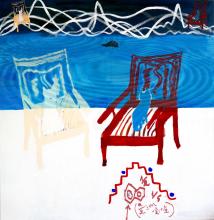 Das Bild zeigt ein abstraktes Gemälde, auf dem Stühle, Katzen, Wellen und Formeln zu sehen sind.