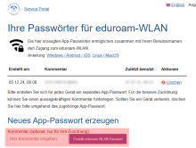 Service-Portal: neues eduroam-Kennwort erstellen