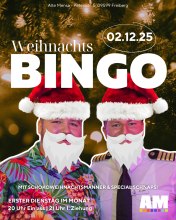 Ankündigungsplakat zum Weihnachtsbingo mit zwei Santas
