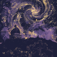 Nachthimmel mit wirbelnder Galaxie, Sternen und Planeten über einer Kuppel und Hügeln mit Bäumen im Vordergrund.