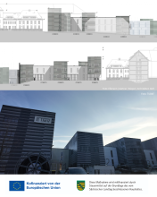 Ansicht und Entwurfsskizze des Hallenkomplexes der Fakultät für Maschinenbau, Verfahrens- und Energietechnik, Finanzierungshinweis: Kofinanziert von der Europäischen Union und dem Freistaat Sachsen