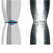Das Bild zeigt Einschnürung und Bruch einer Zugprobe sowie eine entsprechende schädigungsmechanische Simulation