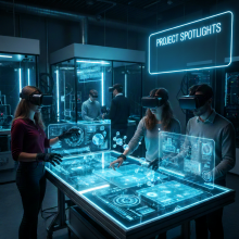 Mehrere Personen mit VR-Brillen und Handschuhen interagieren mit holografischen 3D-Daten und Displays in einem futuristischen Labor