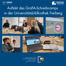 Mehrere Personen sitzen an Tischen mit Laptops und Notizbüchern in einem Seminarraum der Universitätsbibliothek Freiberg